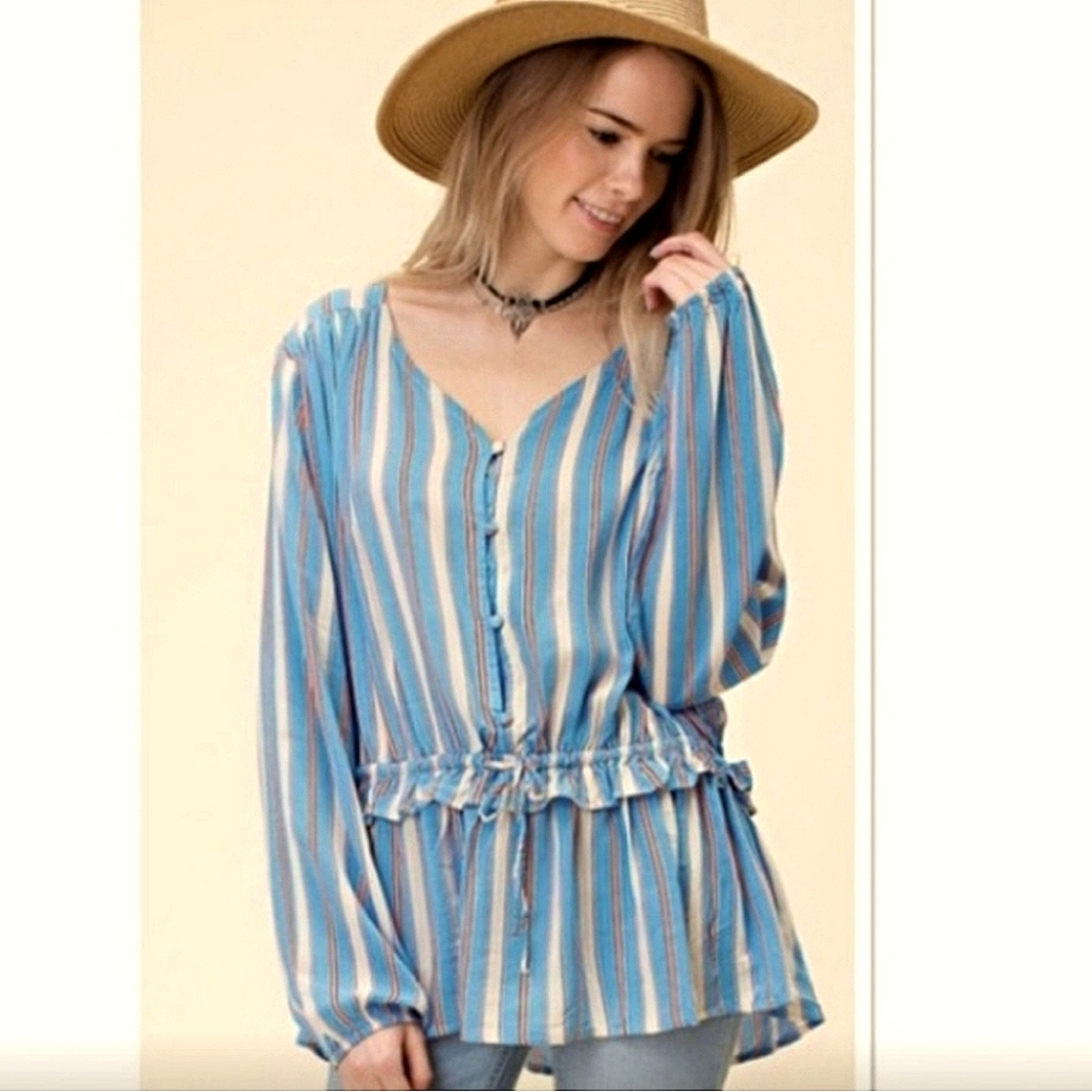 📣 Kori America Blue & Pink Striped Drawstring Waist Button-Down Top NWT Size L - Picture 1 of 12